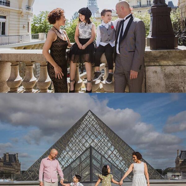Sesión de fotos familiar frente a la Torre Eiffel en París. Family photoshoot in front of the Eiffel Tower in Paris.