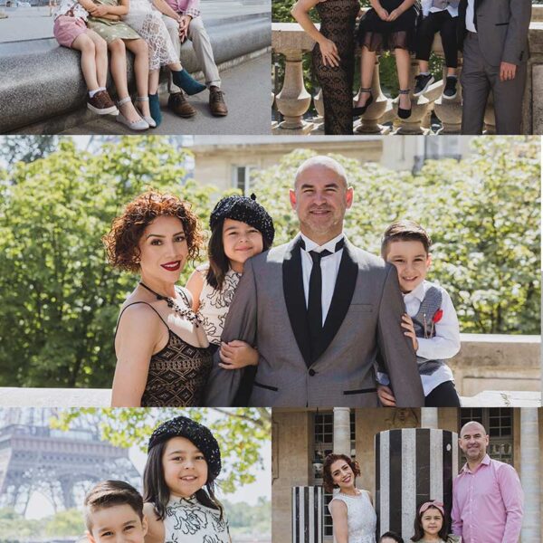 Sesión de fotos familiar frente a la Torre Eiffel en París. Family photoshoot in front of the Eiffel Tower in Paris.