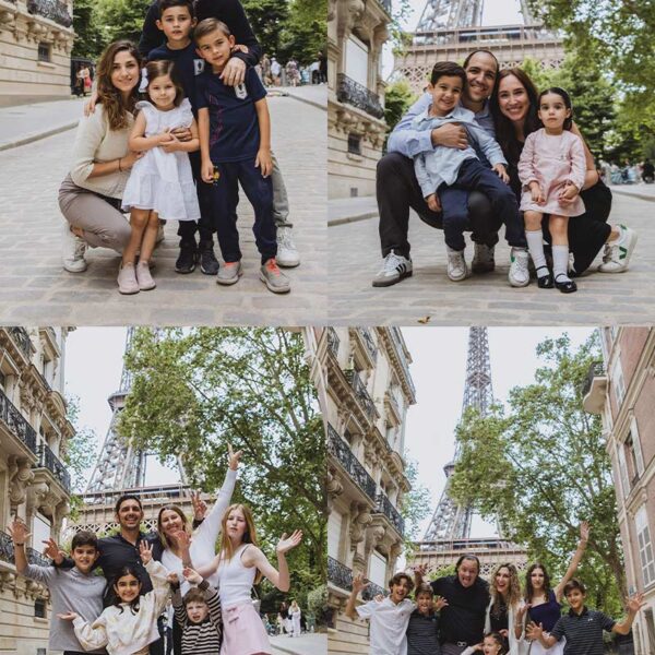 Sesión de fotos familiar frente a la Torre Eiffel en París. Family photoshoot in front of the Eiffel Tower in Paris.