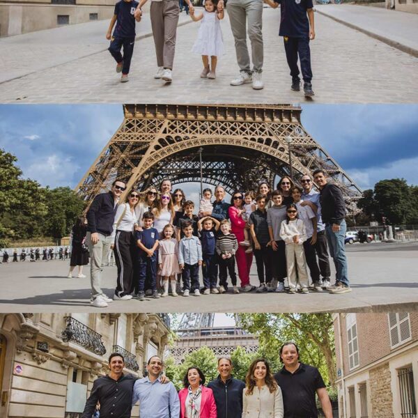 Sesión de fotos familiar frente a la Torre Eiffel en París. Family photoshoot in front of the Eiffel Tower in Paris.