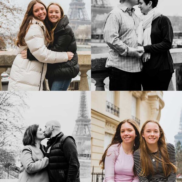 Sesión de fotos familiar frente a la Torre Eiffel en París. Family photoshoot in front of the Eiffel Tower in Paris.