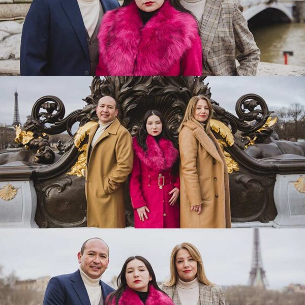Sesión de fotos familiar frente a la Torre Eiffel en París. Family photoshoot in front of the Eiffel Tower in Paris.
