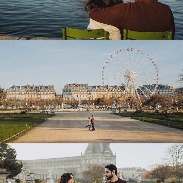 Sesión de fotos de pareja en los Jardines de las Tullerías en París. Couple photoshoot in the Tuileries Gardens in Paris.
