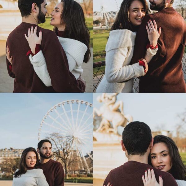 Sesión de fotos de pareja en los Jardines de las Tullerías en París. Couple photoshoot in the Tuileries Gardens in Paris.