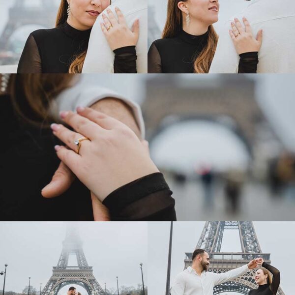Sesión de fotos de pareja frente a la Torre Eiffel en París. Couple photoshoot in front of the Eiffel Tower in Paris.