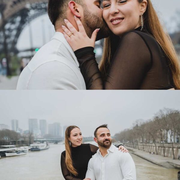 Sesión de fotos de pareja frente a la Torre Eiffel en París. Couple photoshoot in front of the Eiffel Tower in Paris.