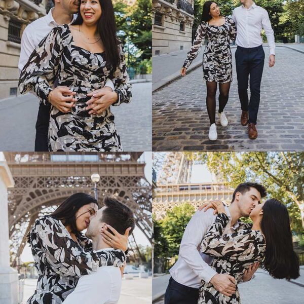 Sesión de fotos de pareja frente a la Torre Eiffel en París. Couple photoshoot in front of the Eiffel Tower in Paris.