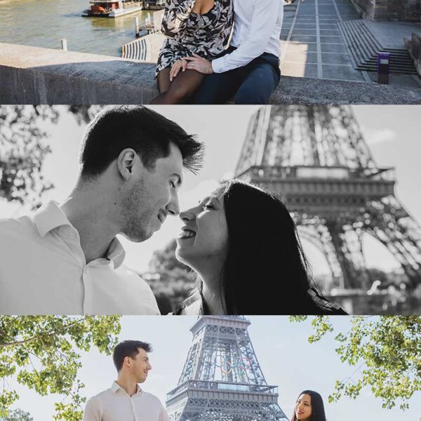 Sesión de fotos de pareja frente a la Torre Eiffel en París. Couple photoshoot in front of the Eiffel Tower in Paris.