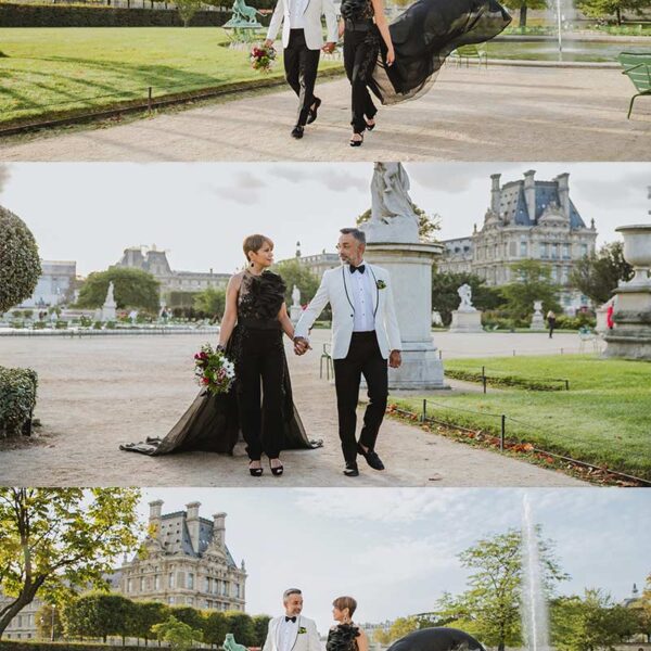 Sesión de fotos de pareja en los Jardines de las Tullerías en París. Couple photoshoot in the Tuileries Gardens in Paris.
