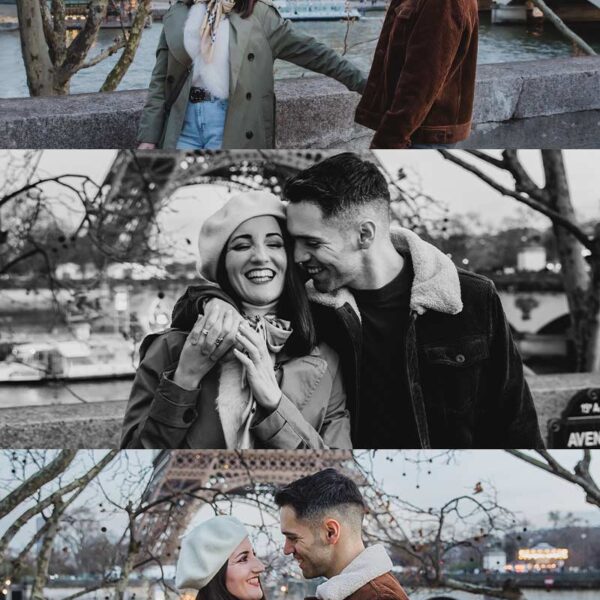 Sesión de fotos de pareja frente a la Torre Eiffel en París. Couple photoshoot in front of the Eiffel Tower in Paris.