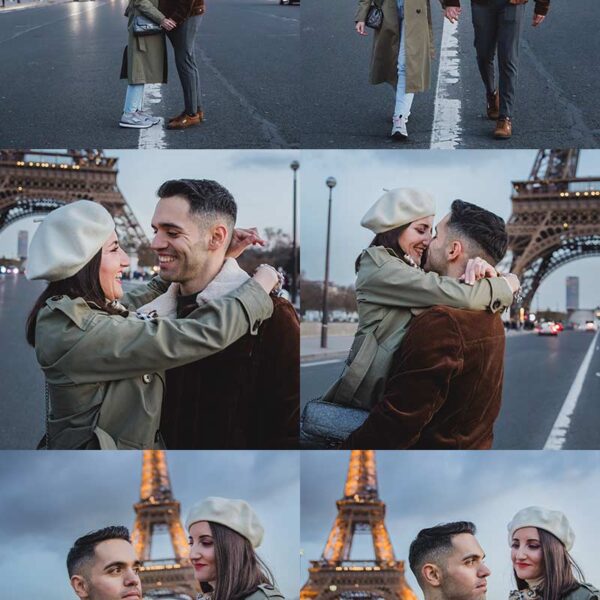 Sesión de fotos de pareja frente a la Torre Eiffel en París. Couple photoshoot in front of the Eiffel Tower in Paris.