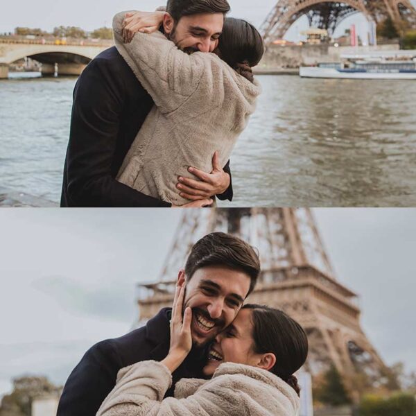Propuesta de matrimonio al atardecer junto al río Sena en París. Proposal at sunset by the Seine River in Paris.