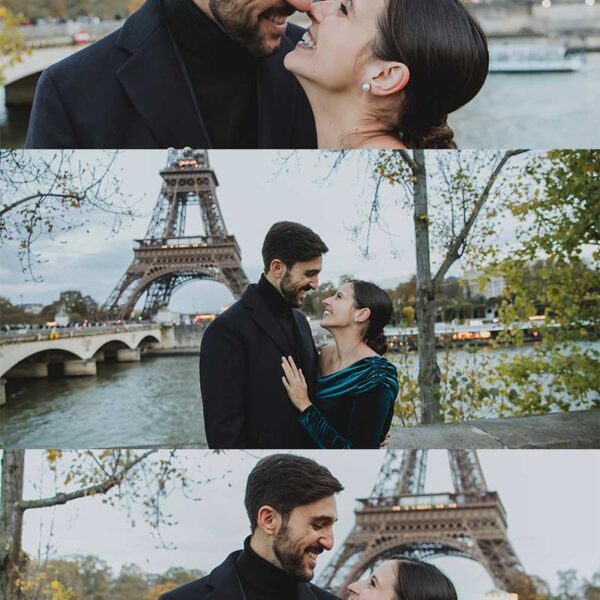 Propuesta de matrimonio al atardecer junto al río Sena en París. Proposal at sunset by the Seine River in Paris.