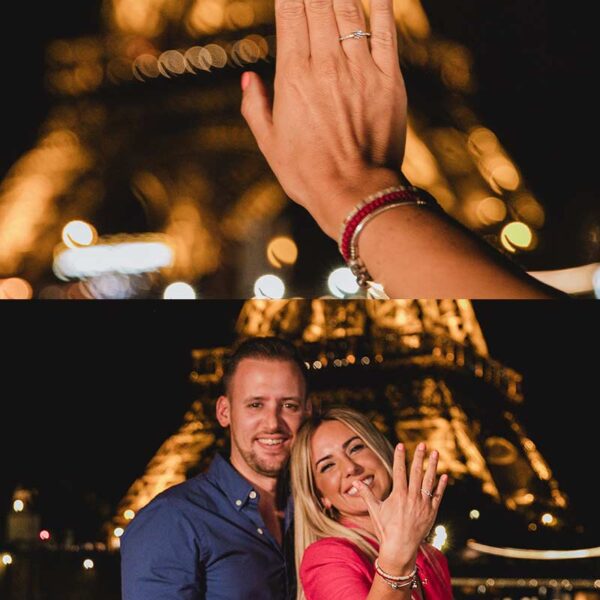 Propuesta de matrimonio al atardecer junto al río Sena en París. Proposal at sunset by the Seine River in Paris.