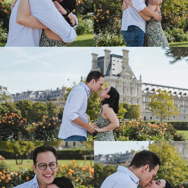 Propuesta de matrimonio en la mañana frente al museo del Louvre. Proposal at the morning by the Louvre Museum in Paris.