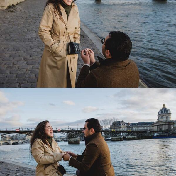 Propuesta de matrimonio en la tarde frente al puente de los candados en París. Proposal at the afternoon by the padlocks bridge in Paris.