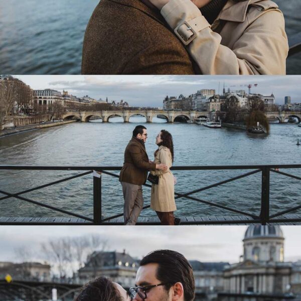 Propuesta de matrimonio en la tarde frente al puente de los candados en París. Proposal at the afternoon by the padlocks bridge in Paris.