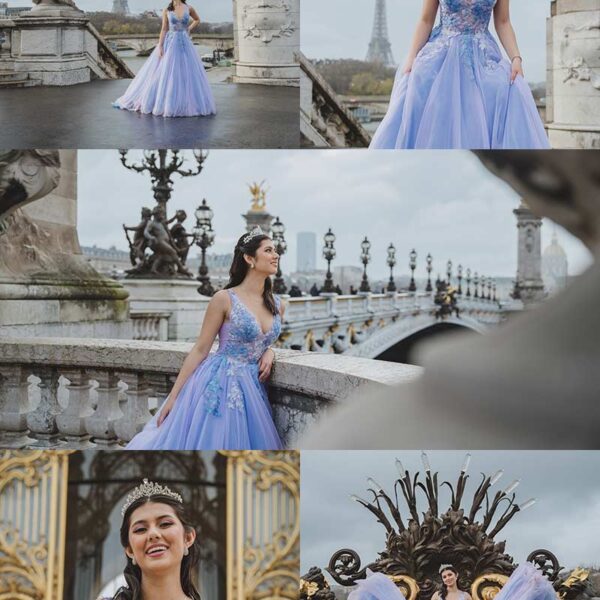 Sesión de fotos de quinceañera en el Puente Alejandro III con la Torre Eiffel de fondo en París. Quinceañera photoshoot on Pont Alexandre III with the Eiffel Tower in the background in Paris.