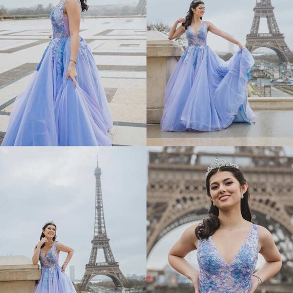Sesión de fotos de quinceañera en el Puente Alejandro III con la Torre Eiffel de fondo en París. Quinceañera photoshoot on Pont Alexandre III with the Eiffel Tower in the background in Paris.