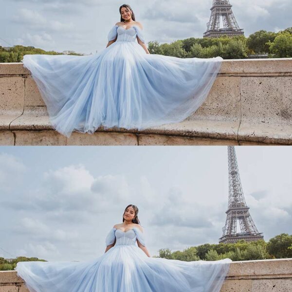 Sesión de fotos de quinceañera frente a la Torre Eiffel en París. Quinceañera photoshoot in front of the Eiffel Tower in Paris.