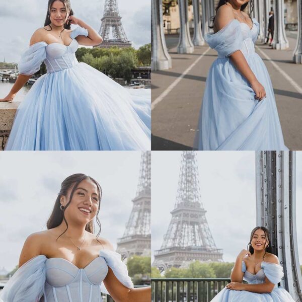 Sesión de fotos de quinceañera frente a la Torre Eiffel en París. Quinceañera photoshoot in front of the Eiffel Tower in Paris.
