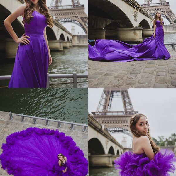 Sesión de fotos de quinceañera frente a la Torre Eiffel en París. Quinceañera photoshoot in front of the Eiffel Tower in Paris.