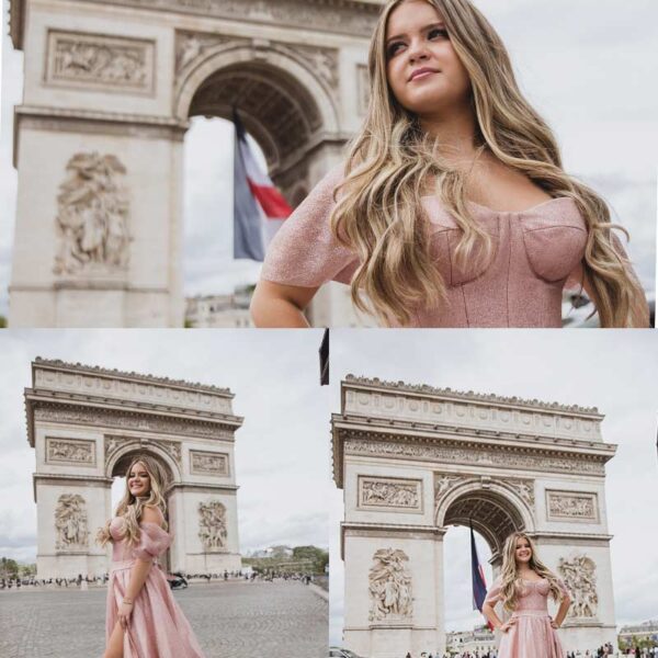 Sesión de fotos de quinceañera frente al Arco del Triunfo en París. Quinceañera photoshoot in front of the Arc de Triomphe in Paris.