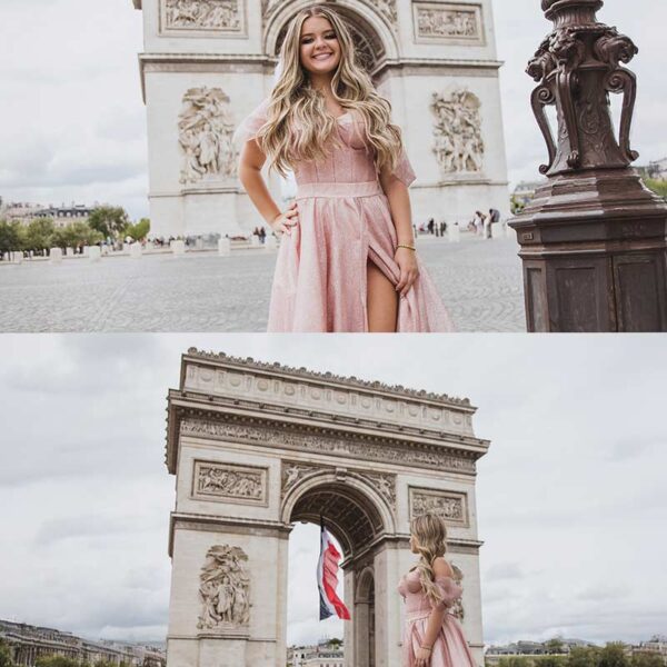 Sesión de fotos de quinceañera frente al Arco del Triunfo en París. Quinceañera photoshoot in front of the Arc de Triomphe in Paris.