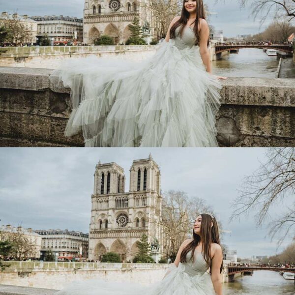 Sesión de fotos de quinceañera frente a la Catedral de Notre Dame en París. Quinceañera photoshoot in front of Notre Dame Cathedral in Paris.