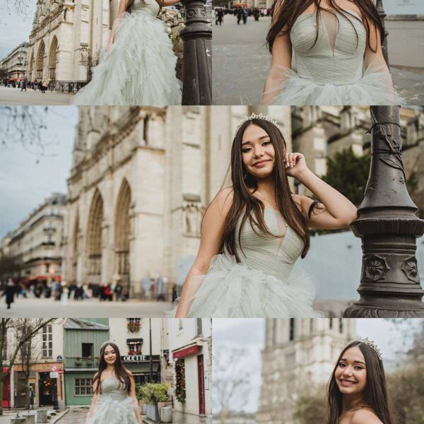 Sesión de fotos de quinceañera frente a la Catedral de Notre Dame en París. Quinceañera photoshoot in front of Notre Dame Cathedral in Paris.