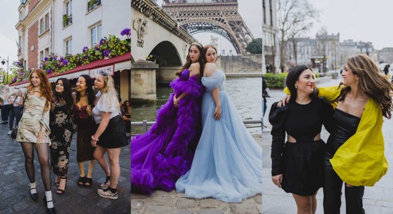 Tres imágenes de una sesión de fotos con amigas en París
