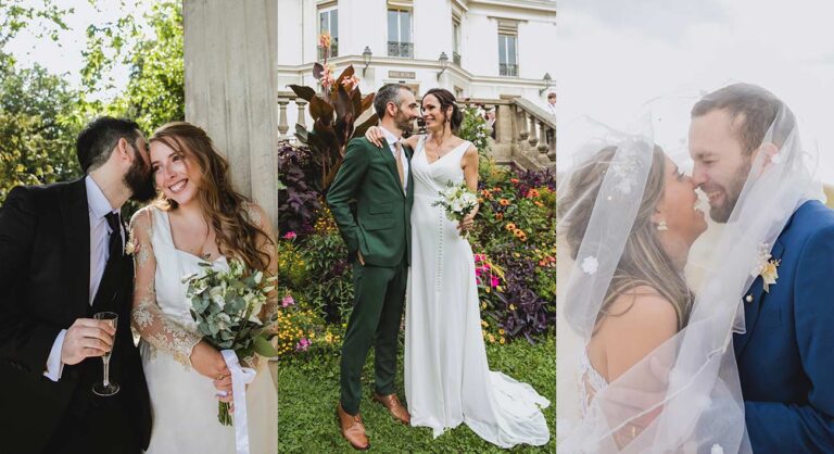 Tres imágenes de una sesión de fotos de boda en París