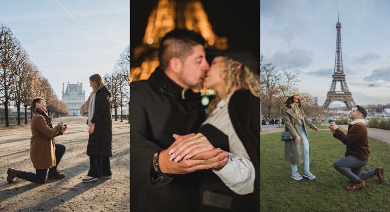 Tres imágenes de una pedida de mano en París frente a la Torre Eiffel y el Museo del Louvre