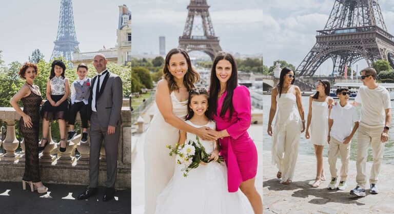 Tres imágenes de una familia posando en París durante una sesión de fotos