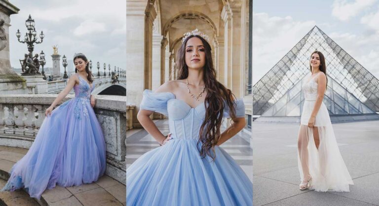 Tres imágenes de una sesión de fotos de quinceañera en París